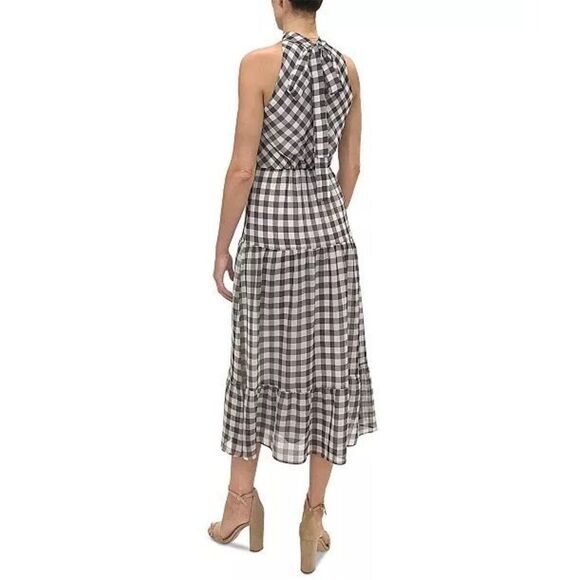 Sam Edelman Black and White Checked High Neck Halter Tiered Midi Dress Sz 14 - Picture 2 of 14